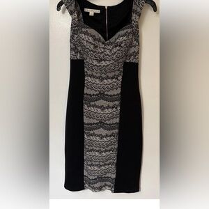 Boston Proper Black and Gray Lace-Panel Midi Sheath Dress Size 8 LBD